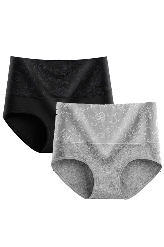 2Pack Women's Cotton High Waist Rose Jacquard Panties, Tummy Control Hip Lifting Lace Underwear Comfortable Stretchy Briefs for Daily & Shape Wear