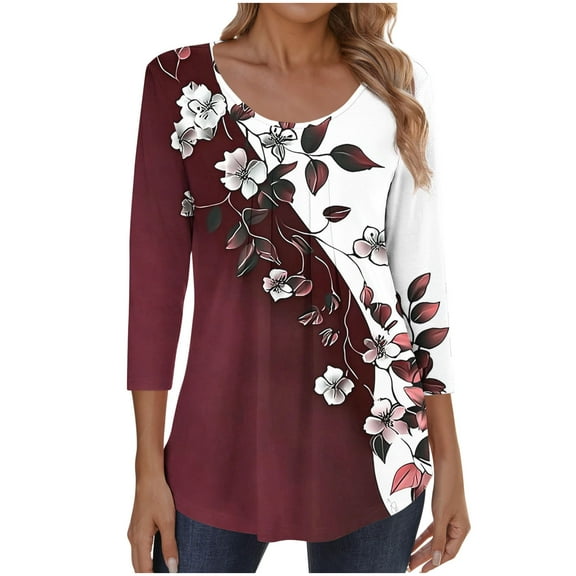 Fewfanhot 3/4 Length Sleeve Womens Tops Casual V Neck Top Pleated Floral Boho Blouses Fall Tunics
