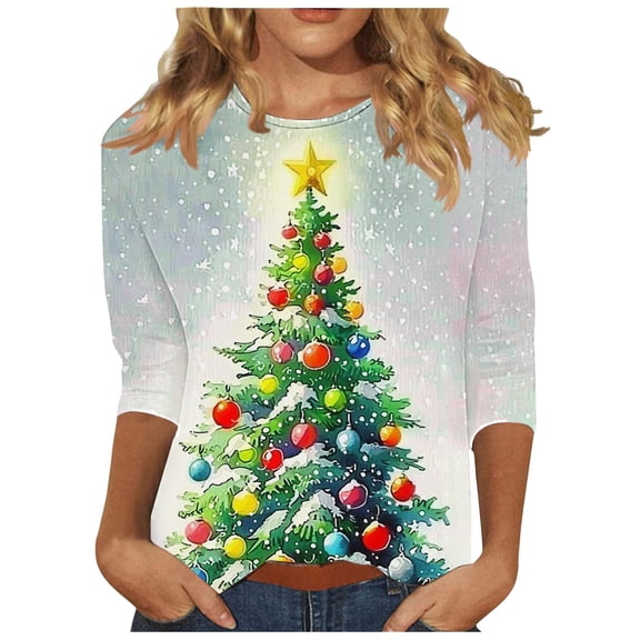 Fewfanhot 3/4 Length Sleeve Womens Tops Christmas Shirts for Women Funny Graphic Crewneck 3/4 Sleeve Holiday Casual Dressy Blouses