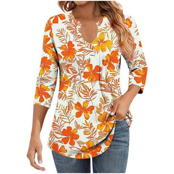 Fewfanhot 3/4 Length Sleeve Womens Tops V Neck Shirts Pleated Business Casual Blouses Fall Loose Tunic Tops
