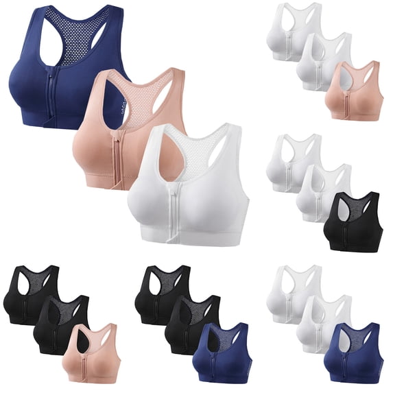 Fewfanhot 3-Pack Zip-Front Racerback Sports Bras for Women Breathable Mesh Back Supportive Workout Tops, Comfortable Athletic Bras for Gym Yoga Running
