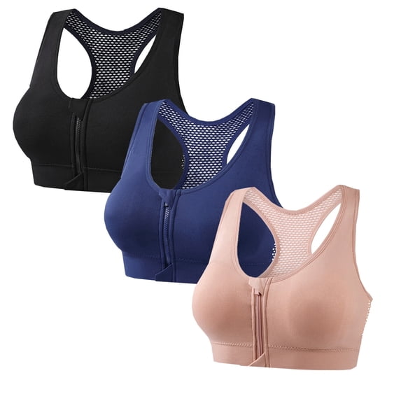 Fewfanhot 3-Pack Zip-Front Racerback Sports Bras for Women Breathable Mesh Back Supportive Workout Tops, Comfortable Athletic Bras for Gym Yoga Running