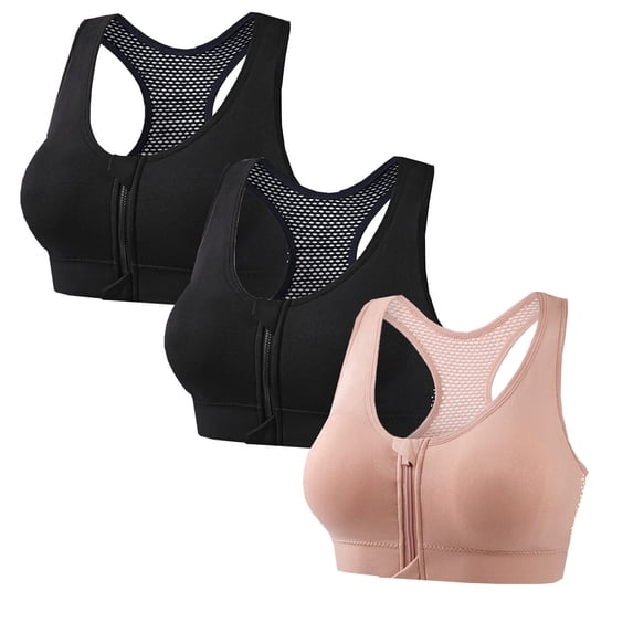 Fewfanhot 3-Pack Zip-Front Racerback Sports Bras for Women Breathable Mesh Back Supportive Workout Tops, Comfortable Athletic Bras for Gym Yoga Running