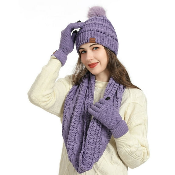 Fewfanhot 4PC Women's Knit Beanie Hat Soft Chunky Winter Cap for Cold Weather Skiing Hiking,4 Pieces (1pc Hat,1pc Scarf,1 Pair of Gloves & 1 Pair of socks)