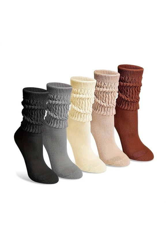 5 Pack Women Slouch Ribbed Mid Calf Socks, Stretchy Solid Color Stackable Casual Knit Hairy Socks for Ladies