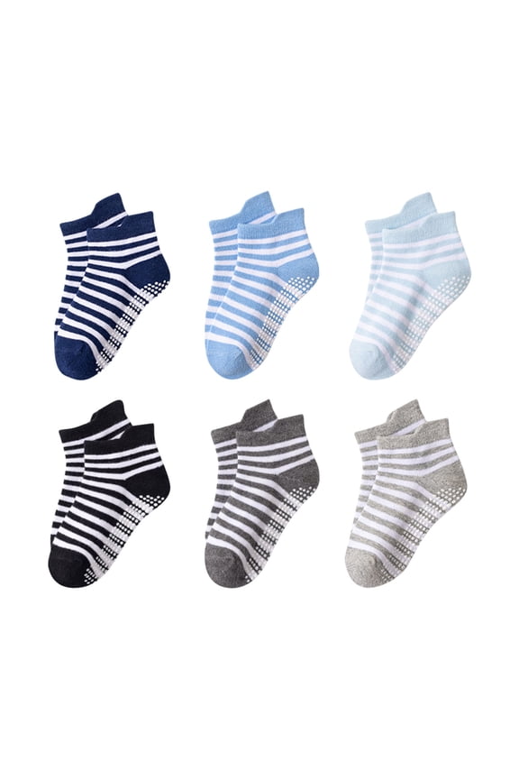 6 Pack Kids Ankle Anti Slip Socks, Color Block Breathable Cotton Non Slip Sticky Gripper Socks for 1-7 Years Old