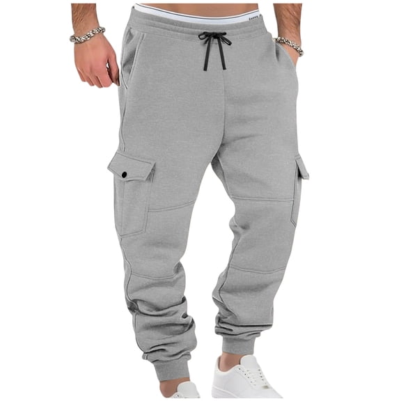 Fewfanhot Baggy Sweatpants Men Casual Cargo Sweatpants Fleece Lined Workout Joggers Athletic Drawstring Pants with Multi Pockets