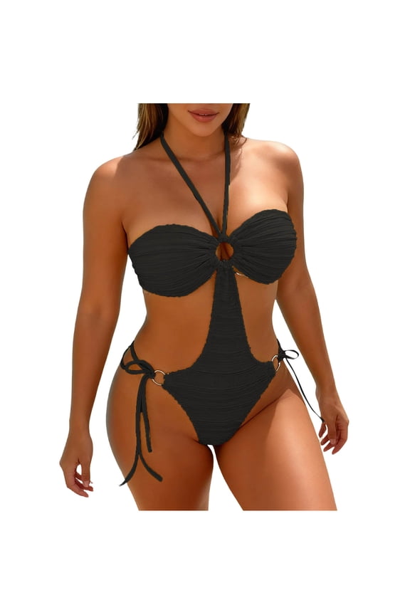 Bikini Sets for Women Halter Bandeau Bikini Beaded Tie Back String Bikini Swimsuit Bathing Suits