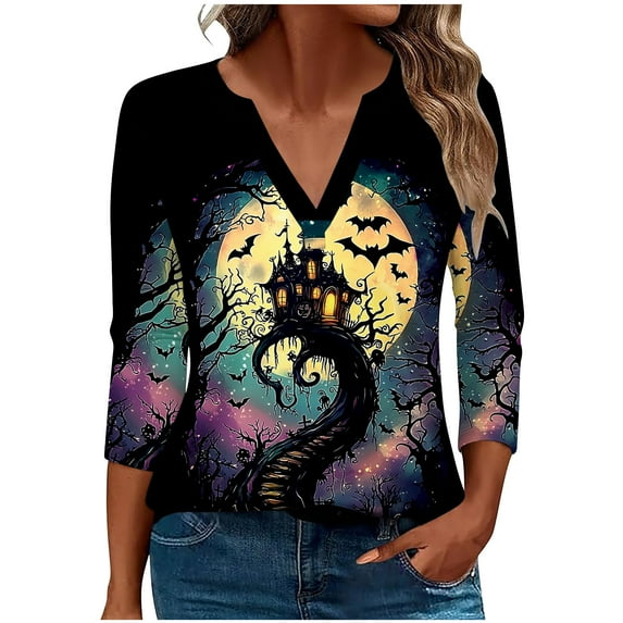 Fewfanhot Blouses for Women Dressy Casual Casual Loose Halloween Fall/Winter Printed T-shirt 3/4 Sleeves V-Neck Blouse