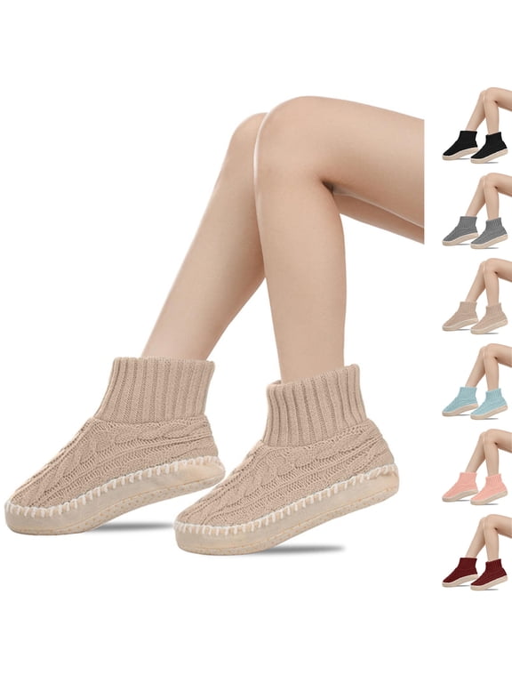 Cable Knit Slipper Socks Acrylic Fleece Lined Non‑Slip Sole House Slipper Boots for Women Indoor Home Wear