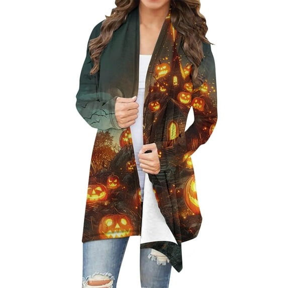 Fewfanhot Cardigan Sweaters for Women Halloween Long Sleeve Cardigan Fall Open Front Cardigan Pumpkin Print Medium Length Coat