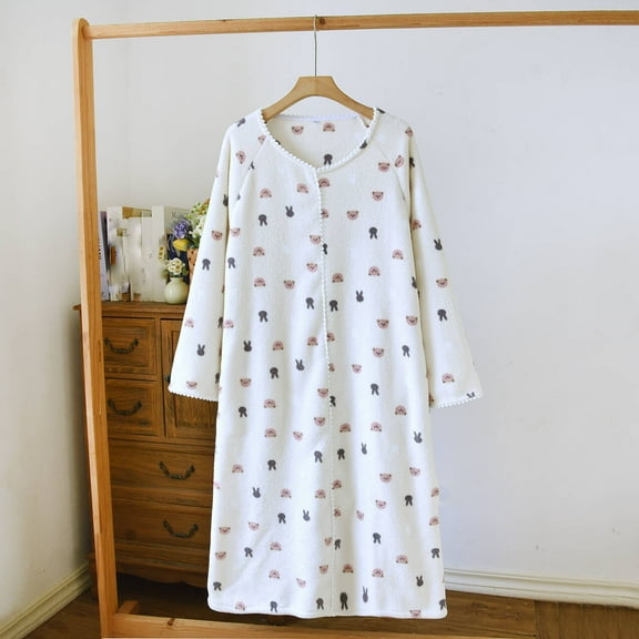 Fewfanhot Cardigen Long Sleeve Button Bathrobe Ankle-Length Spot Pattern Nightgowns with Pocket for Women Ladies Sleepwear Pajama