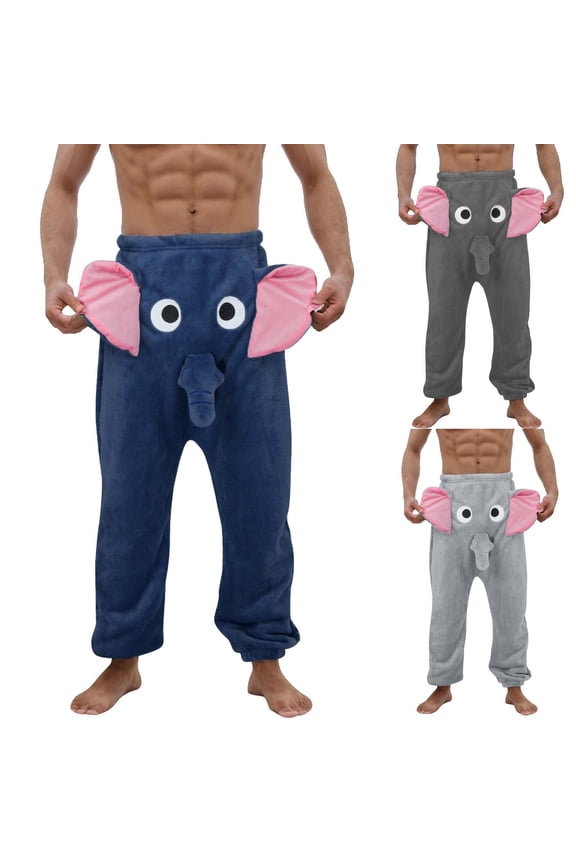 Cartoon Funny Elephant Plush Lounge Pants Elastic Waist Cuffed Warm Novelty Sleep Bottoms for Men