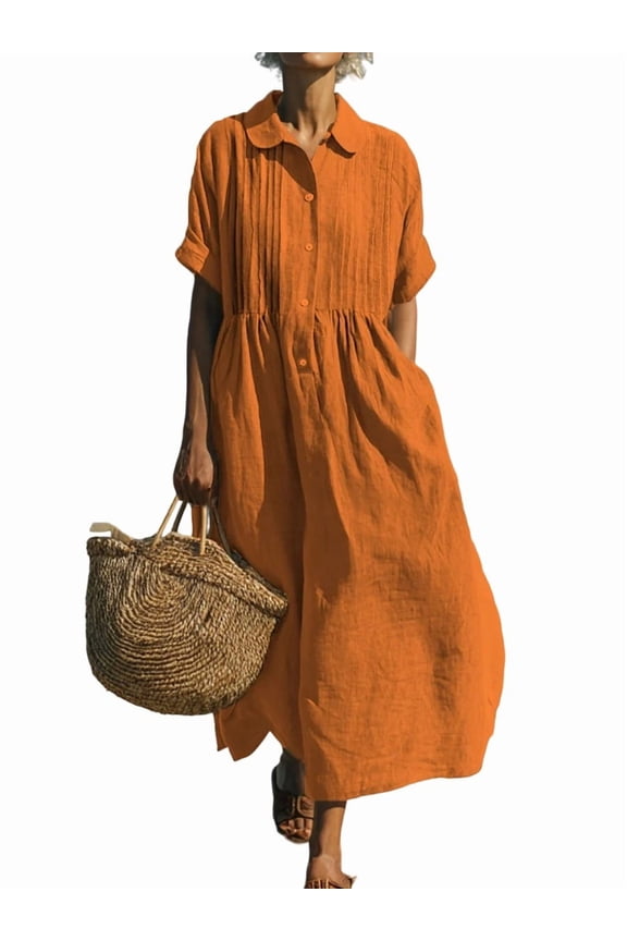 Casual Dresses for Women Casual Striped Button Down Pleated Shirt Maxi Dress Summer Lapel V Neck Short Sleeve Empire Waist Long Dress