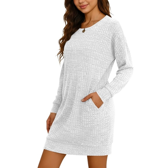 Fewfanhot Casual Dresses for Women Knit Dress with Puff Sleeves for Fall & Spring - Round Neck Casual Tunic Dress