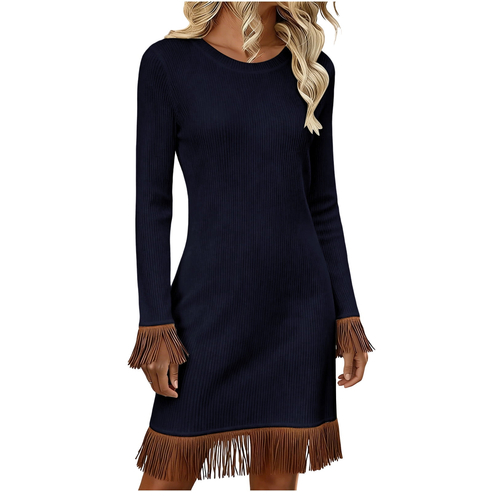 Fewfanhot Casual Dresses for Women Ribbed Knit Sweater Dress Casual Long  Sleeve V Neck Bodycon Pleated A Line Long Dress Streetwear - Walmart.com