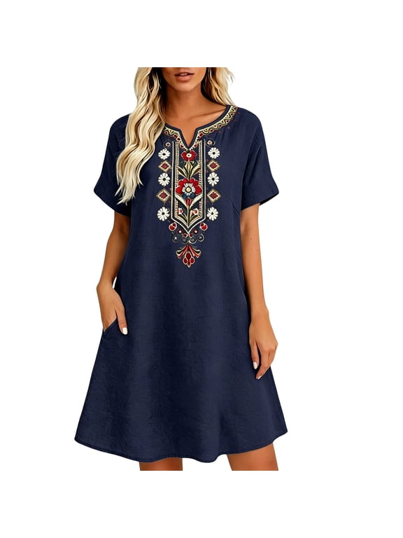 Casual Dresses for Women V Neck Short Sleeve A-Line Knee Length Casual Dress with Pockets