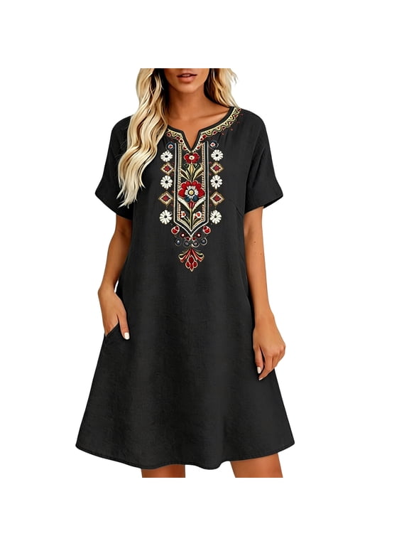 Casual Dresses for Women V Neck Short Sleeve A-Line Knee Length Casual Dress with Pockets