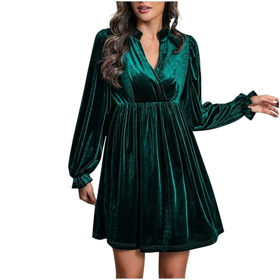 Fewfanhot Casual Dresses for Women Velvet Dress 2025 Fall Cocktail Long Sleeve V Neck Wedding Guest Holiday Mini Dresses with Pockets