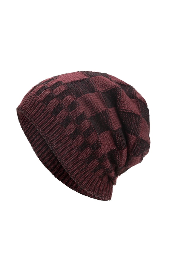 Checkered Knit Beanie Hat for Men Women, Warm Soft Slouchy Skull Cap, Stylish Grid Pattern Hat for Outdoor Activities Daily Wear Gift
