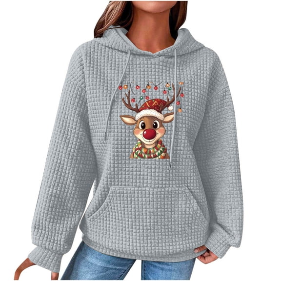 Fewfanhot Christmas Sweatshirts for Women Casual Long Sleeve Drawstring Waffle Pullover Tops Loose Hooded Sweatshirt with Pocket