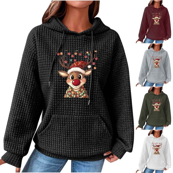 Fewfanhot Christmas Sweatshirts for Women Casual Long Sleeve Drawstring Waffle Pullover Tops Loose Hooded Sweatshirt with Pocket