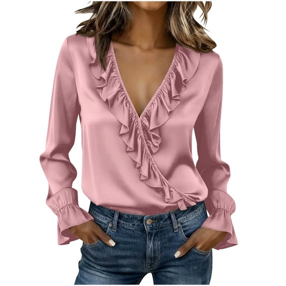 Fewfanhot Clothes for Women Dressy Casual Blouse Business Long Sleeve Tops Ruffle V Neck Work Shirt Fall Outfit