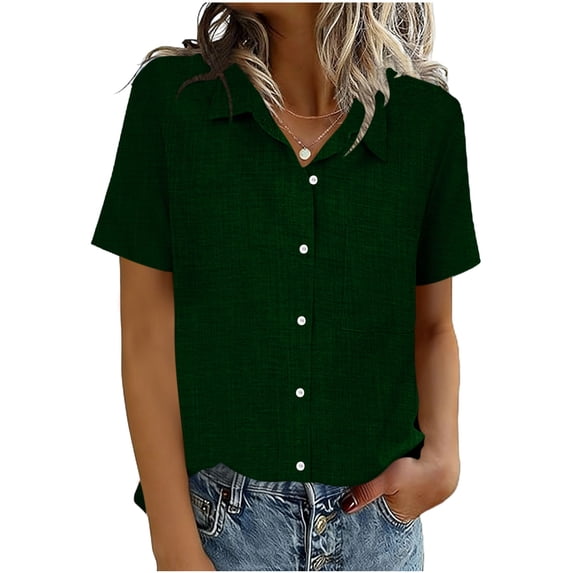 Fewfanhot Clothes for Women Short Sleeve Shirts V Neck Collared Button Down Shirt Tops with Pockets