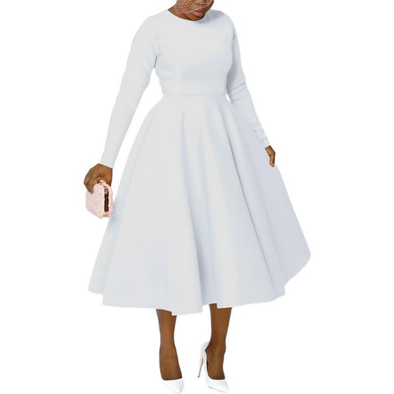 Fewfanhot Cocktail Dresses for Women Elegant Classy Fall Long Sleeve Midi A Line Flowy Modest Winter Party Dress