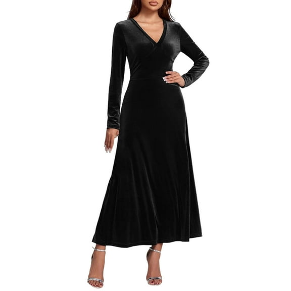 Fewfanhot Cocktail Dresses for Women Long Sleeve V-Neck Velvet Stretchy Long Dress