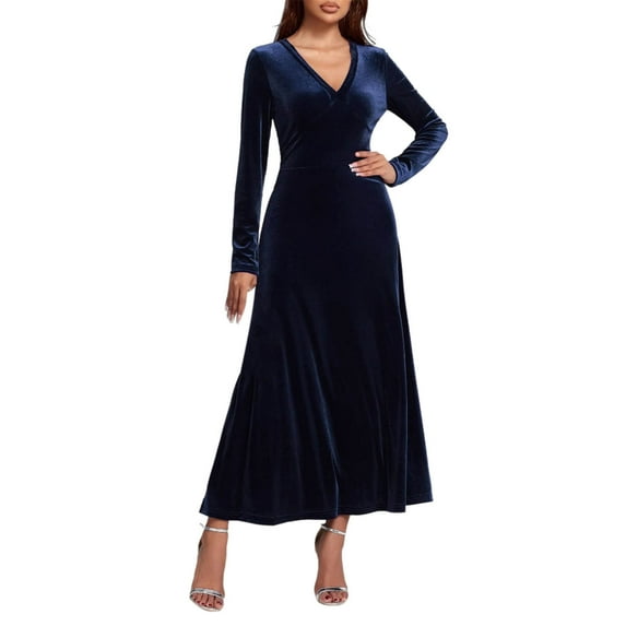 Fewfanhot Cocktail Dresses for Women Long Sleeve V-Neck Velvet Stretchy Long Dress