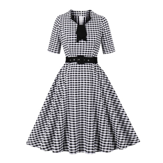 Fewfanhot Cocktail Dresses for Women Plaid Shirt Dress Button Down Collared Short Cape Sleeves V Neck Casual Belt Mid Dress with Pocket