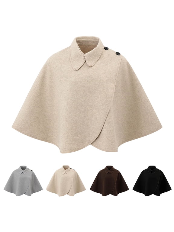 Collared Wool Blend Cape Shawl, Button Detail Wrap Poncho for Women Daily Business Casual Wear