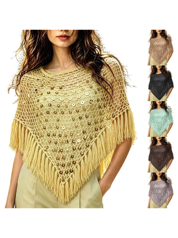 Crochet Sequin Fringe Poncho Shawl, Hollow Knit Triangle Wrap for Women Beach Bohemian Daily Wear
