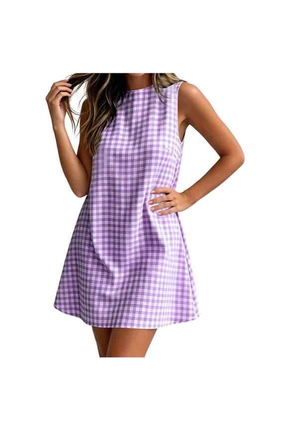 Dresses for Women 2026 A Line Gingham Dress Boat Neck Mini Checkered Elegant Dresses