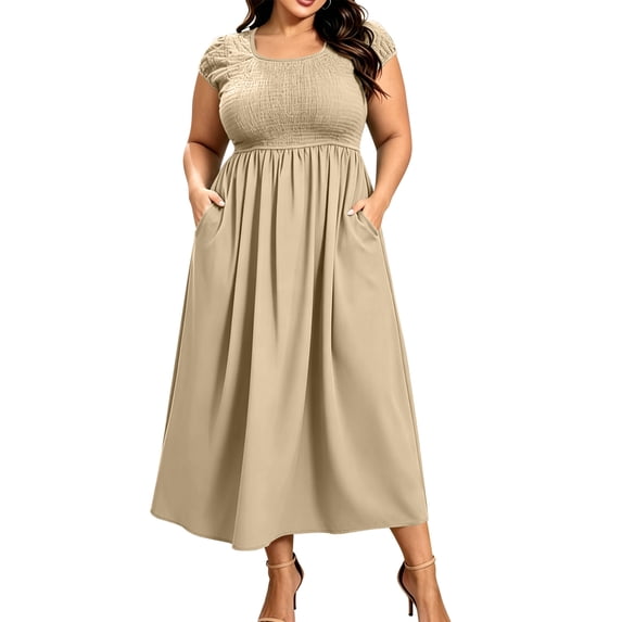 Fewfanhot Dresses for Women 2026 Summer Petal Short Sleeve Dress Casual Loose Flowy Long Sundress with Pockets