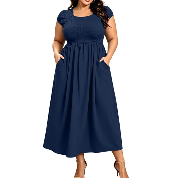 Fewfanhot Dresses for Women 2026 Summer Petal Short Sleeve Dress Casual Loose Flowy Long Sundress with Pockets