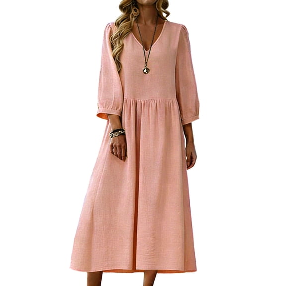 Fewfanhot Dresses for Women Casual Comfy Cotton Crew Neck 3/4 Sleeve Tunic Beach Long Dresses