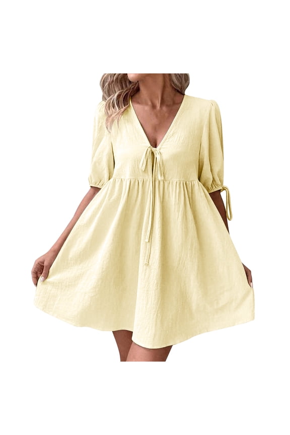Dresses for Women Casual V Neck Bow Tie Short Sleeve Empire Waist A-Line Mini Dress