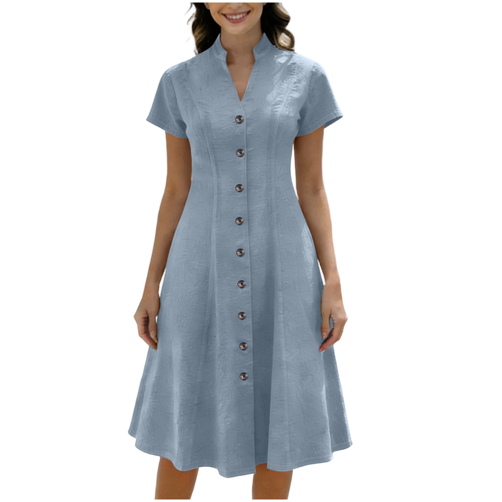 Fewfanhot Dresses for Women Elegant Classy Summer Fit and Flare Swing Cotton Dress Casual V-Neck Button Down Beach Midi Dress