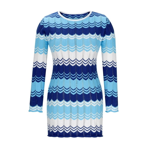 Fewfanhot Dresses for Women Knitted Striped Bodycon Mini Sweater Dress Long Sleeve Crew Neck Fall Winter