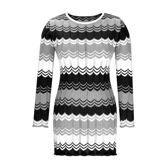 Fewfanhot Dresses for Women Knitted Striped Bodycon Mini Sweater Dress Long Sleeve Crew Neck Fall Winter