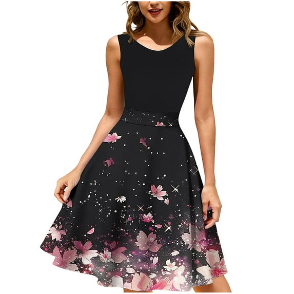 Fewfanhot Dresses for Women Vintage Floral Lace Flared A-Line Swing Casual Party Cocktail Dresses Sleeveless