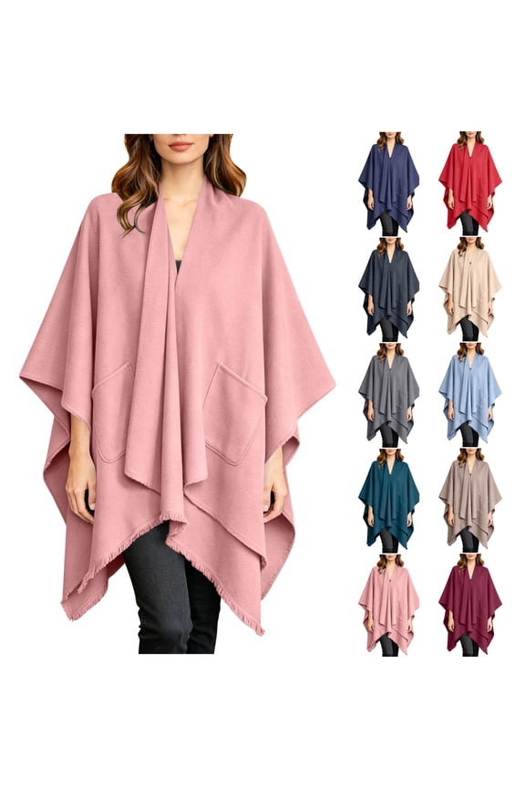 Dual Pocket Fringe Wool Blend Poncho Cape, Open Front Warm Wrap Shawl Coat for Women Fall Winter