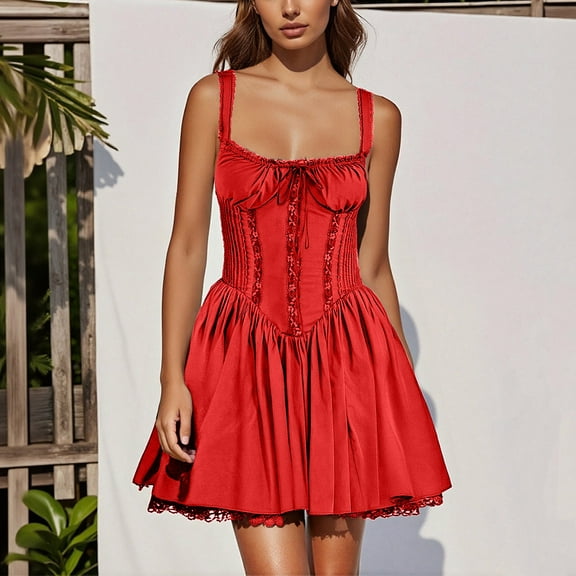 Fewfanhot Fall Dresses for Women Corset Mini Dress Spaghetti Straps Lace up Ruffle Short Dress Sundress