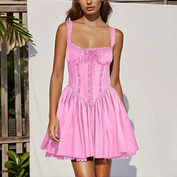 Fewfanhot Fall Dresses for Women Corset Mini Dress Spaghetti Straps Lace up Ruffle Short Dress Sundress