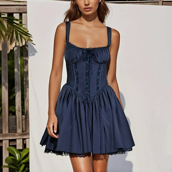 Fewfanhot Fall Dresses for Women Corset Mini Dress Spaghetti Straps Lace up Ruffle Short Dress Sundress