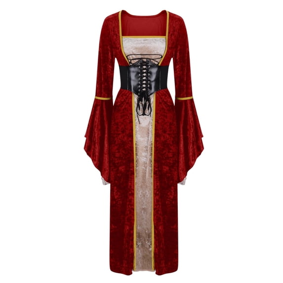 Fewfanhot Fall Dresses for Women Halloween Renaissance Medieval Lace up Irish Over Long Dresses Retro Gown