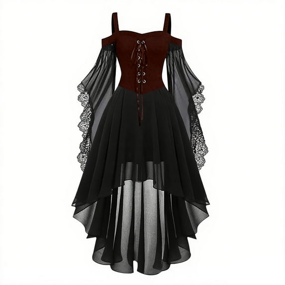 Fewfanhot Fall Dresses for Women Plus Size Punk Cold Shoulder Flare Sleeves Lace Gothic Dress