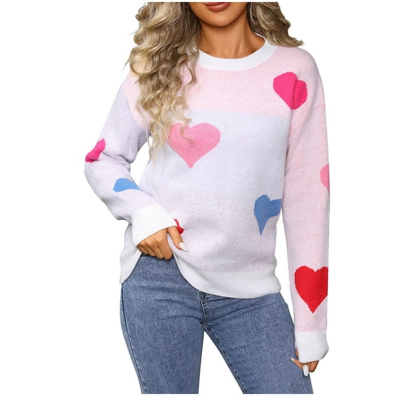 Fewfanhot Fall Sweaters for Women Cute Heart Sweater Fall Dressy Casual Ribbed Knit Crew Neck Pullover Tops